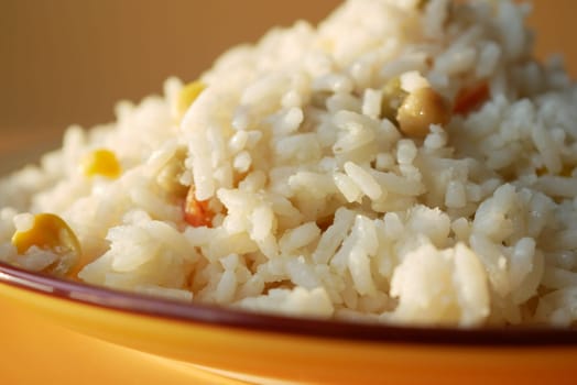 Closeup of Cooked white rice .