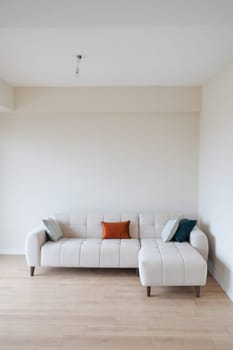 modern sofa with pillows in living room at home.