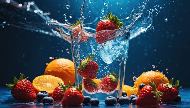 berries in water splash. Strawberries, oranges, blueberries in glass of fruit-infused water