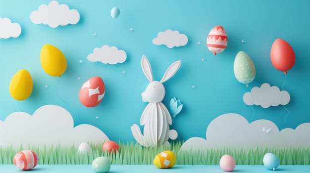 A cute paper Easter rabbit is surrounded by colorful Easter eggs, fluffy clouds, blooming flowers, and floating balloons in a joyful event of happiness AIG42E