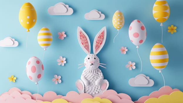 A cute paper Easter rabbit is surrounded by colorful Easter eggs, fluffy clouds, blooming flowers, and floating balloons in a joyful event of happiness AIG42E