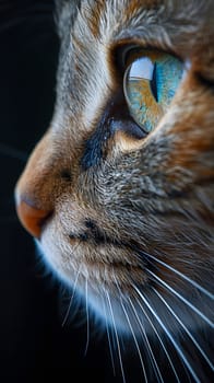 A closeup of a Felidae with electric blue eyes, whiskers, and fur. This small to mediumsized carnivore is a domestic shorthaired cat, commonly seen in both wildlife and households