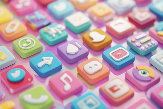 A close-up of a screen showcases a kaleidoscope of colorful social media icons, symbolizing digital connectivity and online interaction. The array of apps denotes modern communication