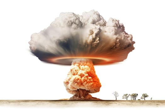 A vivid representation of a nuclear explosion, the mushroom cloud billows dramatically against a clear background. The isolated imagery signifies powerful energy and destruction