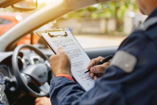 A focused professional conducting a thorough inspection of a vehicle, writing on a clipboard, with the car's interior visible