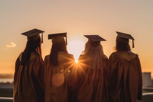 Four graduates, viewed from behind, bask in the warm glow of a setting sun during their commencement