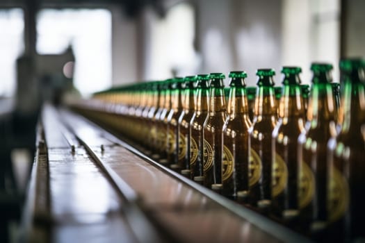 Rows of dark beer bottles on a conveyer belt in a brewery, showcasing the industrial bottling process