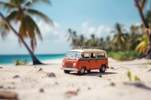 A whimsical scene of a miniature red van parked on a sandy beach evoking feelings of summer, vacations, and travel adventures.