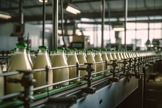 Industrial image of a dairy plant production line with a row of green-capped milk bottles on a conveyor, depicting food industry efficiency