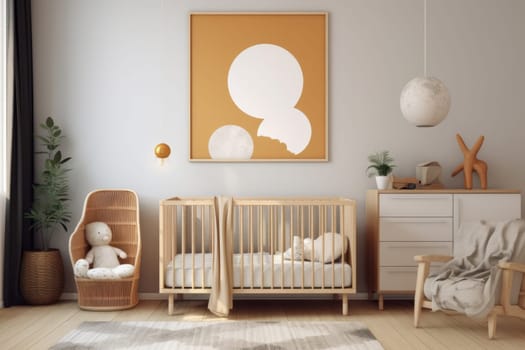 Modern nursery room with a wooden crib and a striking abstract poster, complemented by soft hues and minimalist decor, providing a chic and comforting space for infants.