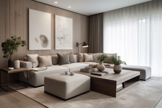 A contemporary living room interior featuring a neutral color palette with beige sofas, wooden elements, abstract wall art, and diffused natural light