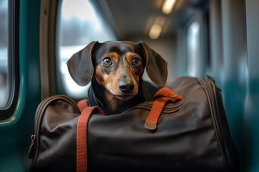 A brown and white dog with soulful eyes peeking out from a yellow travel bag, capturing a moment of travel or adventure with a pet