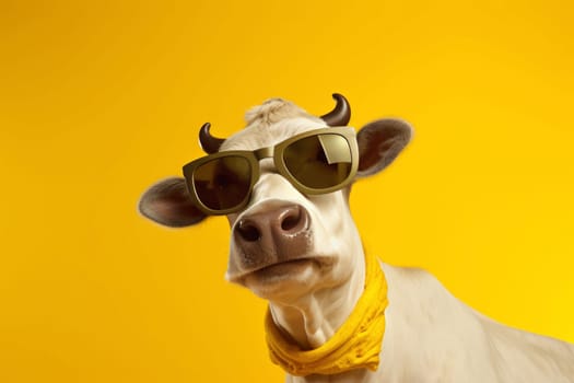 A quirky portrait of a white cow donning fashionable sunglasses and a yellow bandana, set against a vivid yellow background