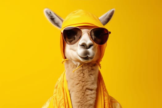 A quirky portrait of a llama donning sunglasses and a scarf, humorously styled for a summer holiday against a yellow background