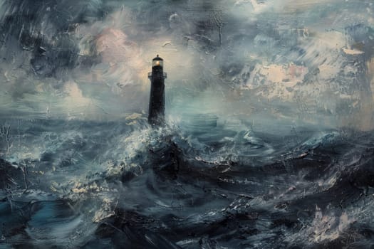 A tempestuous sea swirls around a steadfast lighthouse in this dynamic expressionist painting, rich with textured brushstrokes and a moody palette