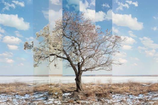 A composite image showing the beautiful transition of a solitary tree through spring, summer, fall, and winter.