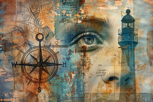 An intricate collage blending nautical and healing symbols, featuring a compass, ship, and lighthouse with a vintage map and textures in the background