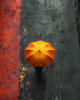 A person stands under an orange umbrella, contrasting the shades of the rainy natural landscape. The amber hue creates a warm glow against the darkness, resembling a sunlit flower in liquid form