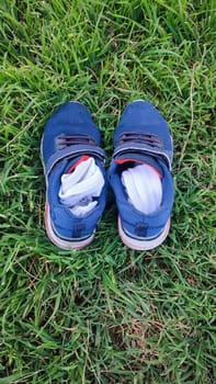 blue sneakers shoes and socks on green grass. High quality photo