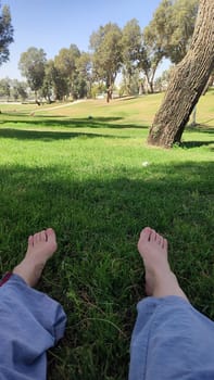 bare feet, gray trousers, green grass. High quality photo