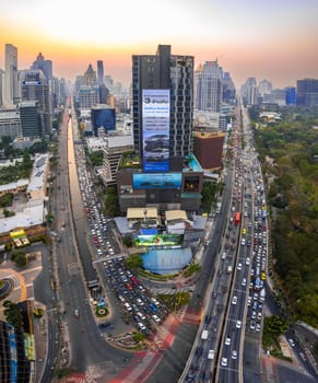 Aerial view of Lumpini district at sunet in Bangkok, Thailand, south east asia