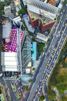 Aerial view of Lumpini district at sunet in Bangkok, Thailand, south east asia