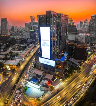 Aerial view of Lumpini district at sunet in Bangkok, Thailand, south east asia