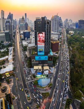 Aerial view of Lumpini district at sunet in Bangkok, Thailand, south east asia