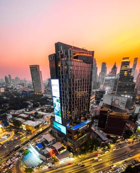 Aerial view of Lumpini district at sunet in Bangkok, Thailand, south east asia