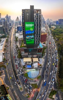 Aerial view of Lumpini district at sunet in Bangkok, Thailand, south east asia