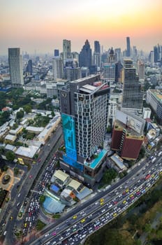 Aerial view of Lumpini district at sunet in Bangkok, Thailand, south east asia