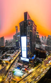 Aerial view of Lumpini district at sunet in Bangkok, Thailand, south east asia