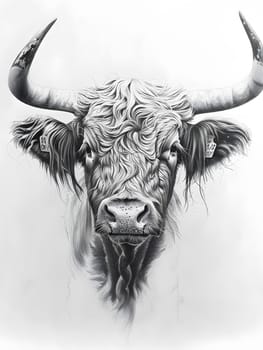 a black and white drawing of a bull s head with horns on a white background . High quality