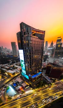 Aerial view of Lumpini district at sunet in Bangkok, Thailand, south east asia