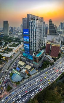 Aerial view of Lumpini district at sunet in Bangkok, Thailand, south east asia