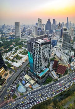 Aerial view of Lumpini district at sunet in Bangkok, Thailand, south east asia