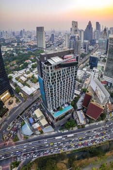 Aerial view of Lumpini district at sunet in Bangkok, Thailand, south east asia