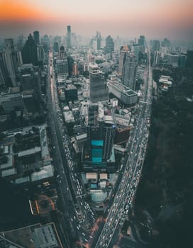 Aerial view of Lumpini district at sunet in Bangkok, Thailand, south east asia