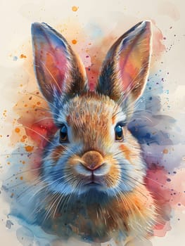 A watercolor painting of a Mountain Cottontail rabbit with large ears and whiskers, resembling a fawn hare, gazing directly at the camera
