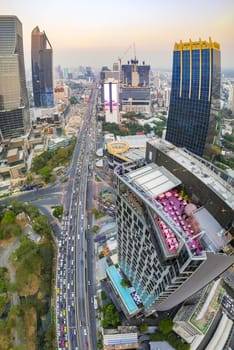 Aerial view of Lumpini district at sunet in Bangkok, Thailand, south east asia