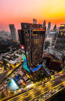 Aerial view of Lumpini district at sunet in Bangkok, Thailand, south east asia