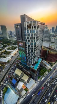 Aerial view of Lumpini district at sunet in Bangkok, Thailand, south east asia