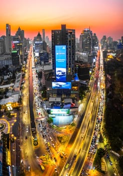 Aerial view of Lumpini district at sunet in Bangkok, Thailand, south east asia