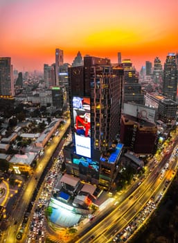 Aerial view of Lumpini district at sunet in Bangkok, Thailand, south east asia