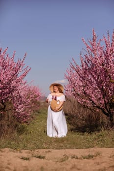 Woman blooming peach orchard. Against the backdrop of a picturesque peach orchard, a woman in a long white dress and hat enjoys a peaceful walk in the park, surrounded by the beauty of nature