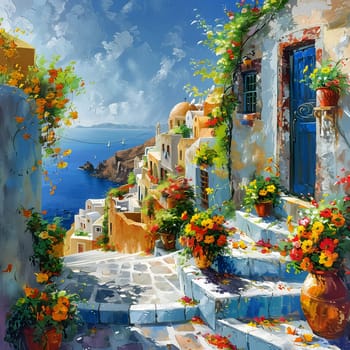 A vibrant painting of azure stairs leading up to a house, adorned with orange flowers in flowerpots under a cloudy sky