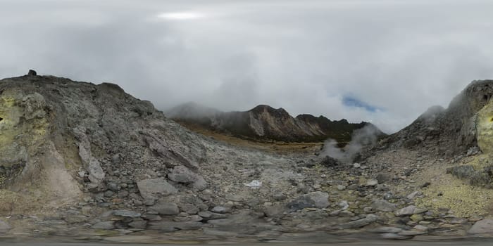 Steaming fumarole covered in sulphur deposits at a slope of Mount Sibayak. Sumatra, Indonesia. Virtual Reality 360.