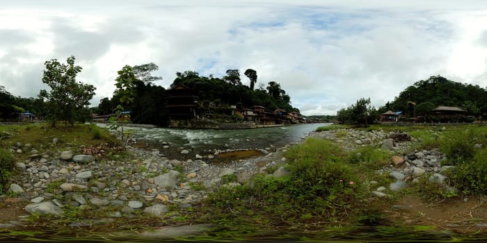 River townscape view of Bukit Lawang before a ecotourism jungle hike in Gunung Leuser National Park. Virtual Reality 360.