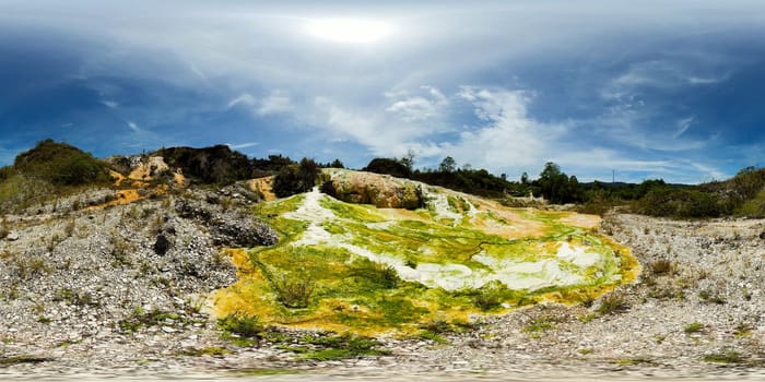 Boiling geothermal hot springs covered with sulfur and volcanic activity. Sipoholon, North Sumatra, Indonesia. VR 360.