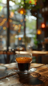 A cup of coffee, filled with a warm liquid, is placed on a saucer on top of a wooden table, surrounded by other drinkware and serveware items